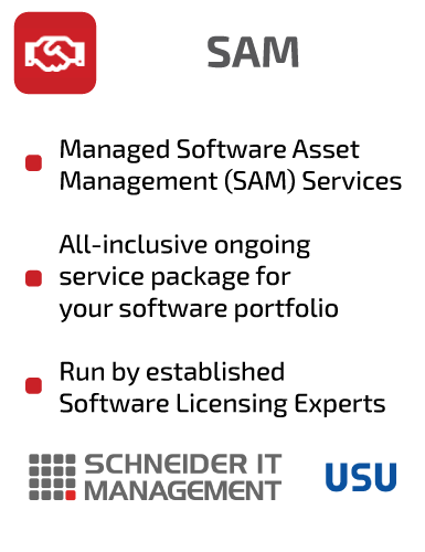 SCHNEIDER IT MANAGEMENT Software Asset Management: Managed SAM Services, All-inclusive ongoing service package for your software portfolio, Run by established Software Licensing Experts