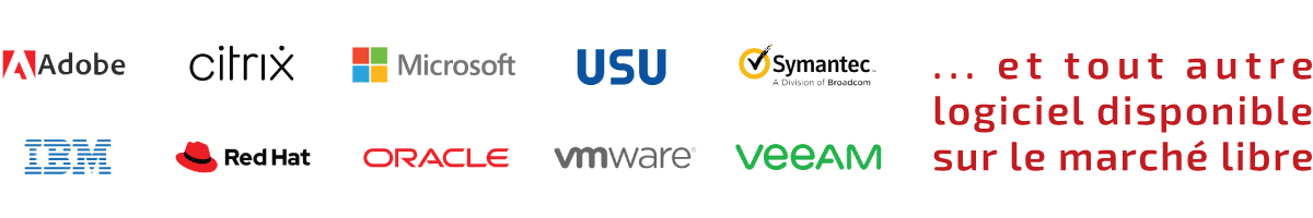 SCHNEIDER IT MANAGEMENT Les principaux fournisseurs de logiciels sont Adobe, Citrix, Microsoft, USU, Symantec, USU, Red Hat, Oracle, VMware, Veeam. Il y a plus de 1000 fournisseurs de logiciels disponibles par l'intermédiaire de SCHNEIDER IT MANAGEMENT.
