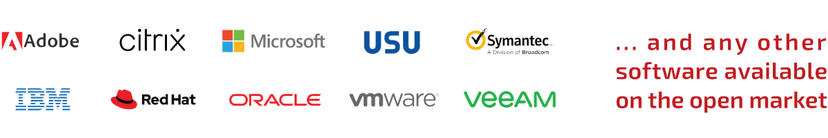 SCHNEIDER IT MANAGEMENT Top Software vendors are Adobe, Citrix. Microsoft, USU, Symantec, USU, Red Hat, Oracle, VMware, Veeam. There are more than 1000 available software vendors through SCHNEIDER IT MANAGEMENT.