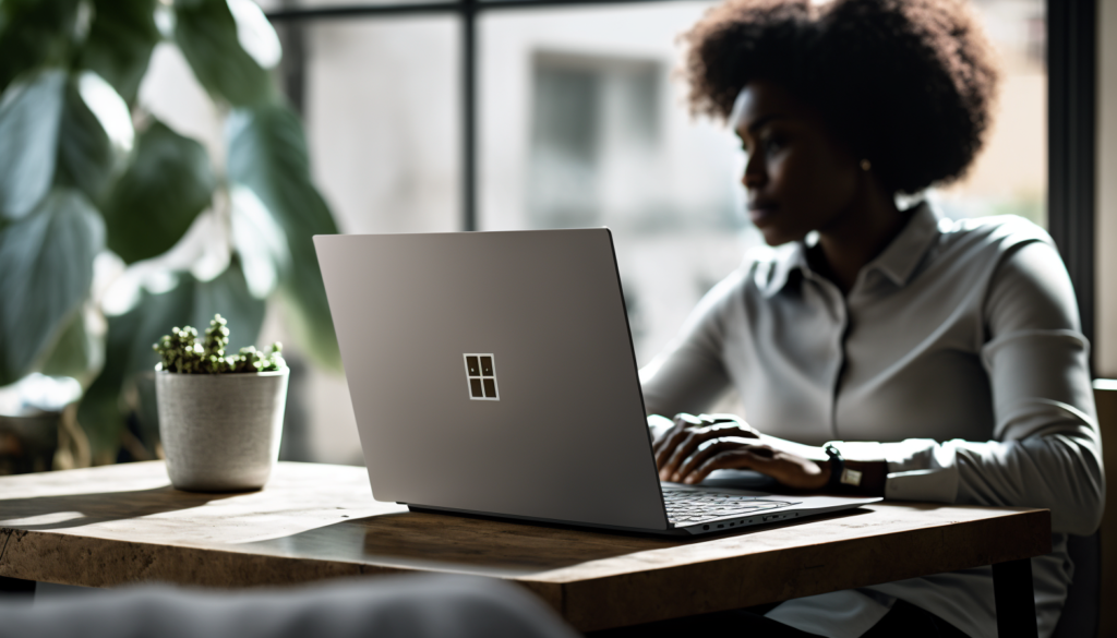 Person in front of Microsoft laptop