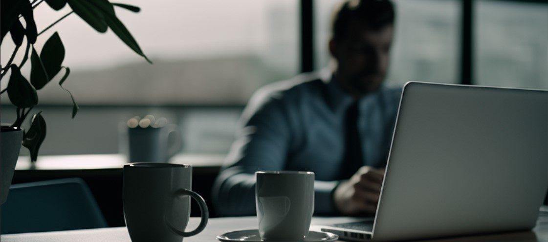 Person sitting infront of a laptop with coffe mugs